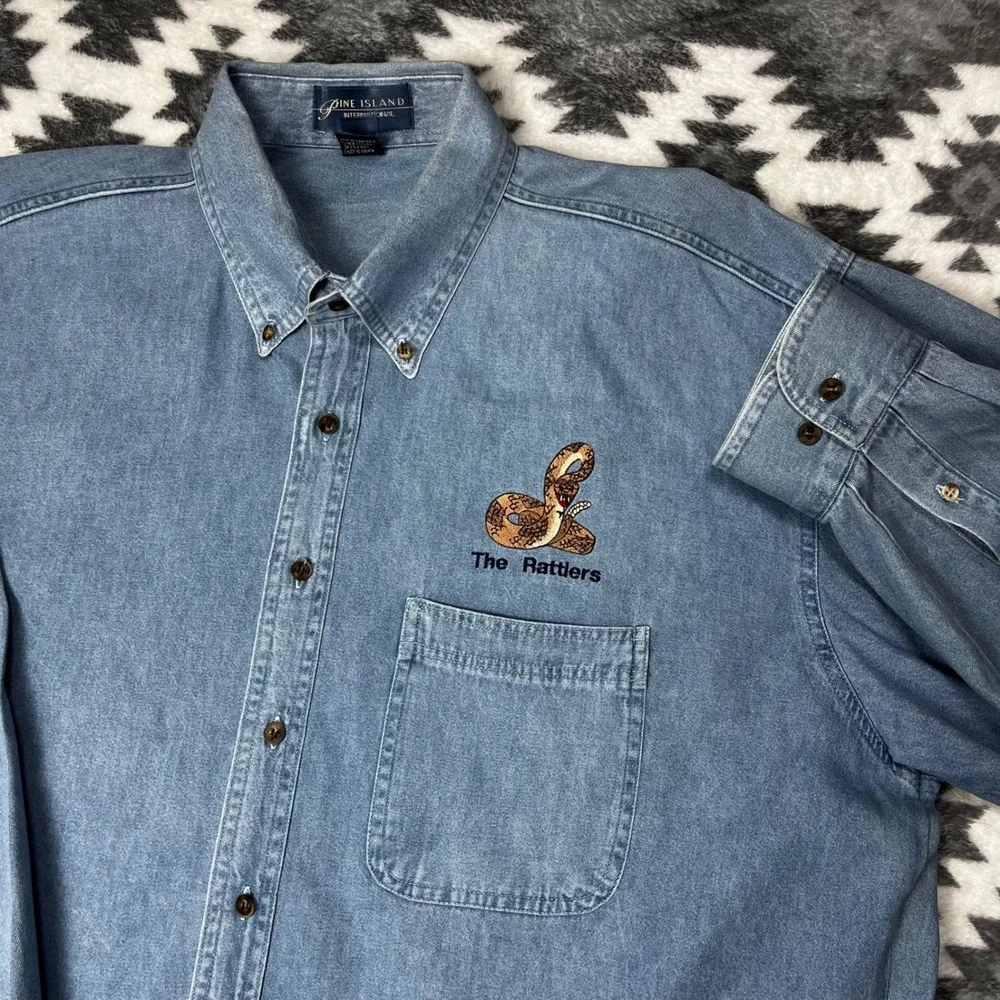 VTG Rattler Snake Embroidered Denim Shirt XL Blue Pine Island Rockabilly Work